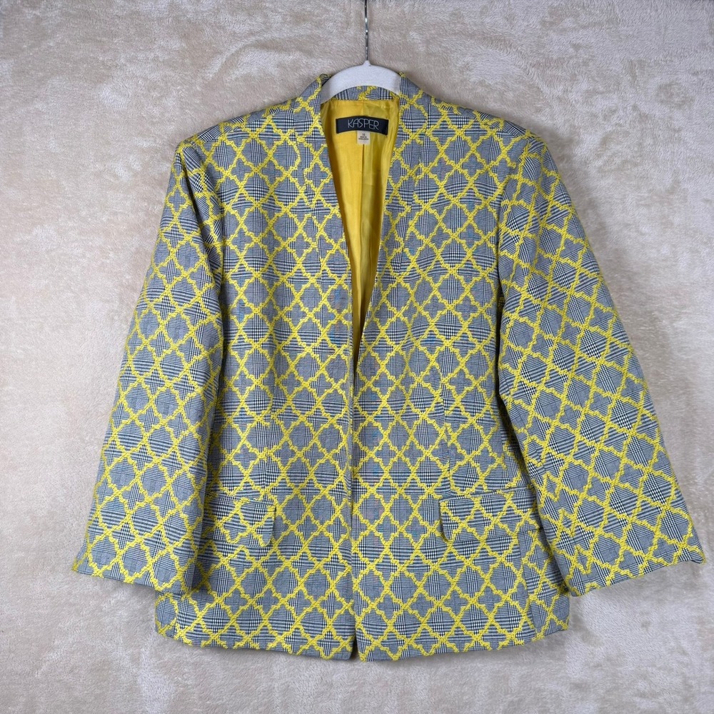 Kasper Womens Yellow Plaid Trellis Open Front Blazer Jacket Size 16 Chic Bold